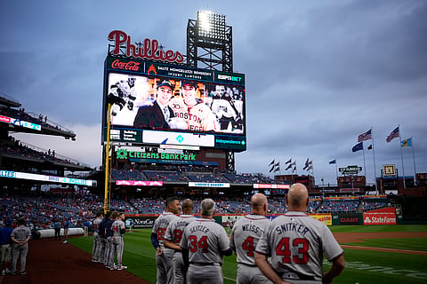 A tribute to Johnny and Matthew Gaudreau is seen before a baseball game between the Philadelphia Phillies and the Atlanta Braves, Friday, Aug. 30, 2024, in Philadelphia. 